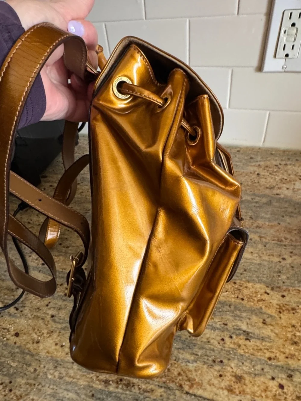 Gucci mini Patent Leather Drawstring Backpack ,, Bamboo Handle VTG Bronze - Picture 8 of 17